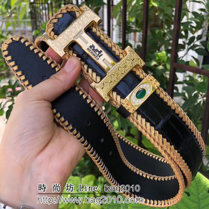 愛馬仕HERMES 純手工編織無拼接美洲鱷魚肚皮 高端男士皮帶 HHG1514